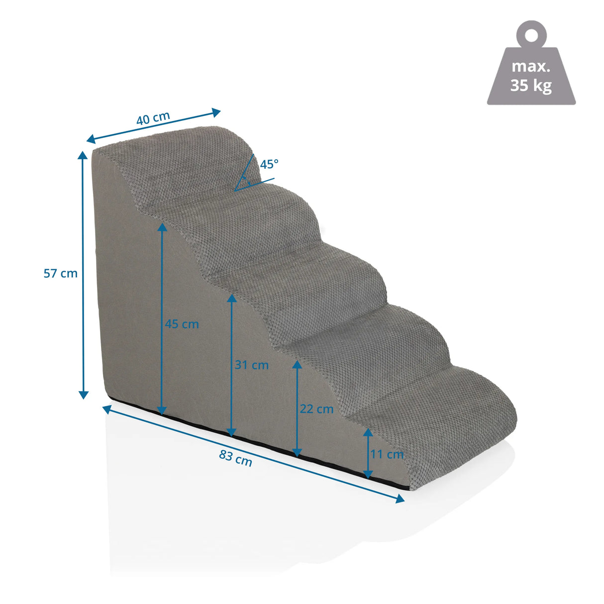 Maßzeichnung der Haustiertreppe PAWY STEP 5 mit 83 x 57 cm und einer Traglast von 35 kg von hjh LIVING