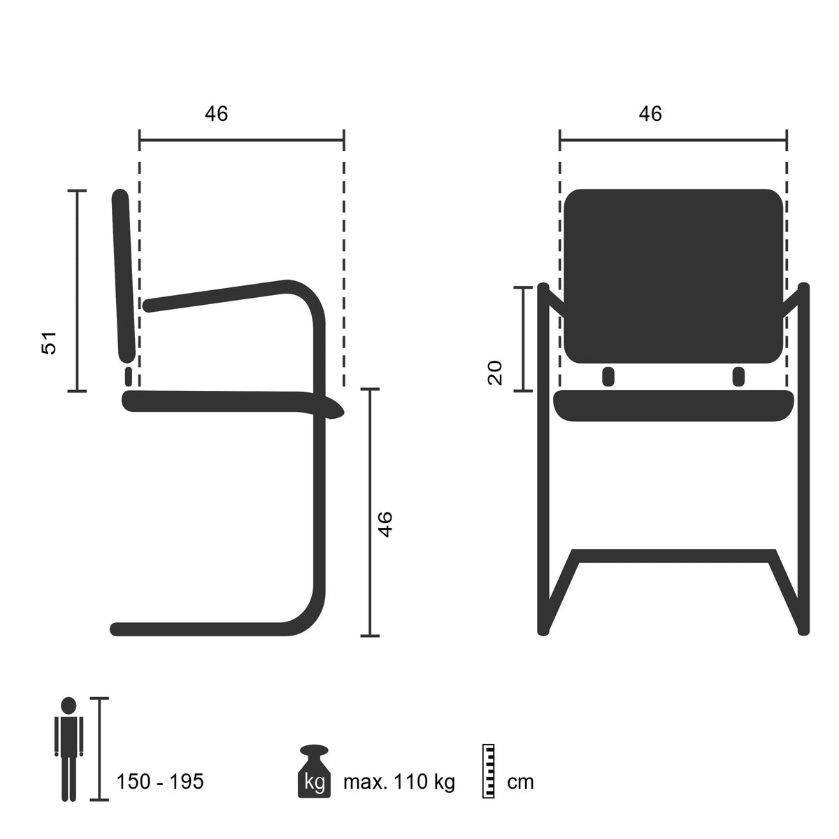 Technische Zeichnung des Freischwingers TILA mit einer Sitzhöhe von 46 cm von hjh OFFICE