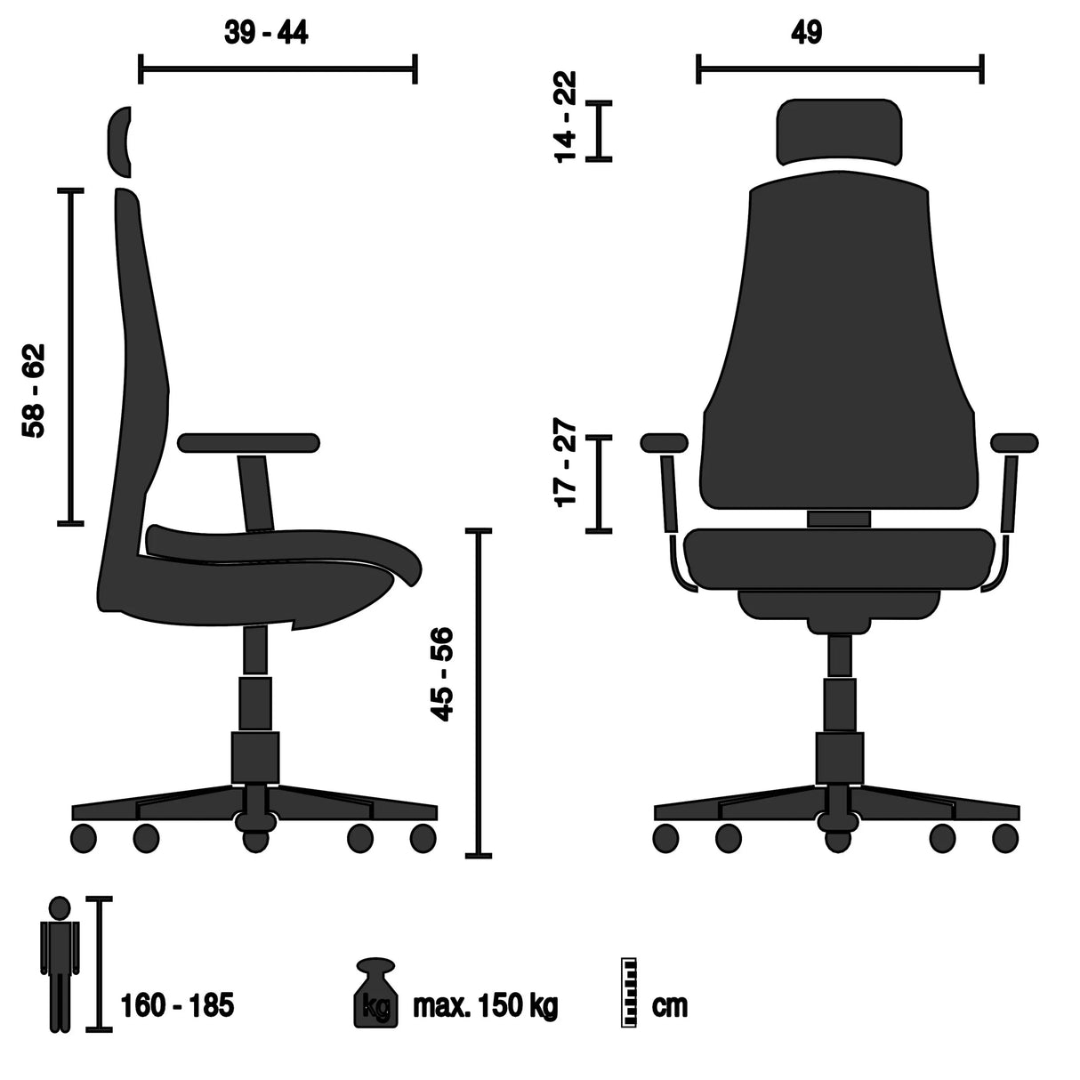 Technische Zeichnung des Luxus-Chefsessels ERGOHUMAN GEN2 mit einer maximalen Belastung von 150 kg von hjh OFFICE