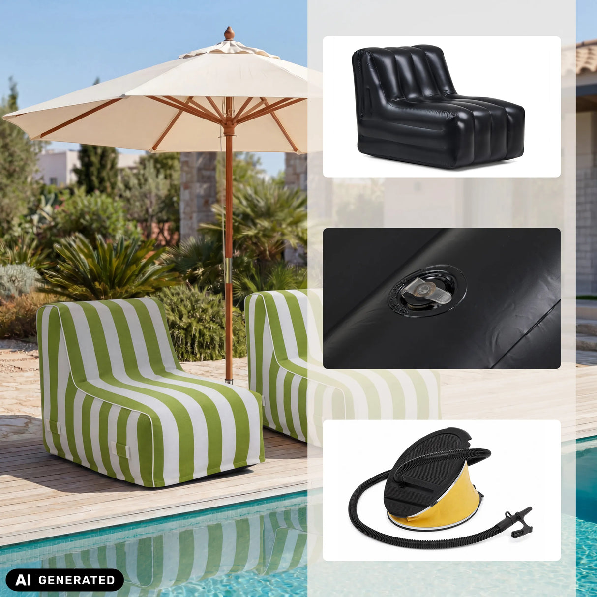 Luftsofas Sitzolo Air in Schwarz sowie Grün-Weiß inklusive Pumpe und Ventil von hjh LIVING (KI-generiertes Bild)