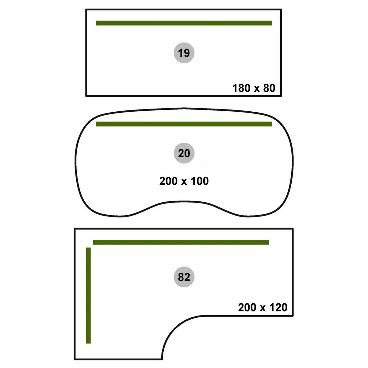Maßskizzen verschiedener Sichtblenden des Zubehörs SI S in den Größen 180 × 80, 200 × 100 und 200 × 120 von hjh OFFICE PRO