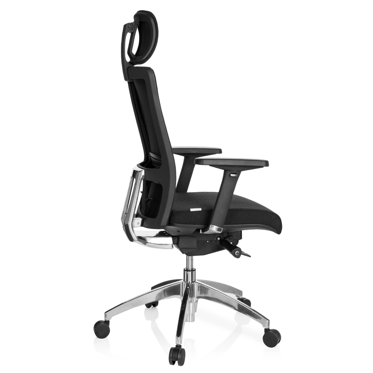 Schwarzer Profi-Bürostuhl ASTRA LUX mit Kopfstütze, Armlehnen und Fußkreuz mit fünf Rollen von hjh OFFICE – 360-Grad-Ansicht (Seitenprofil 100°)