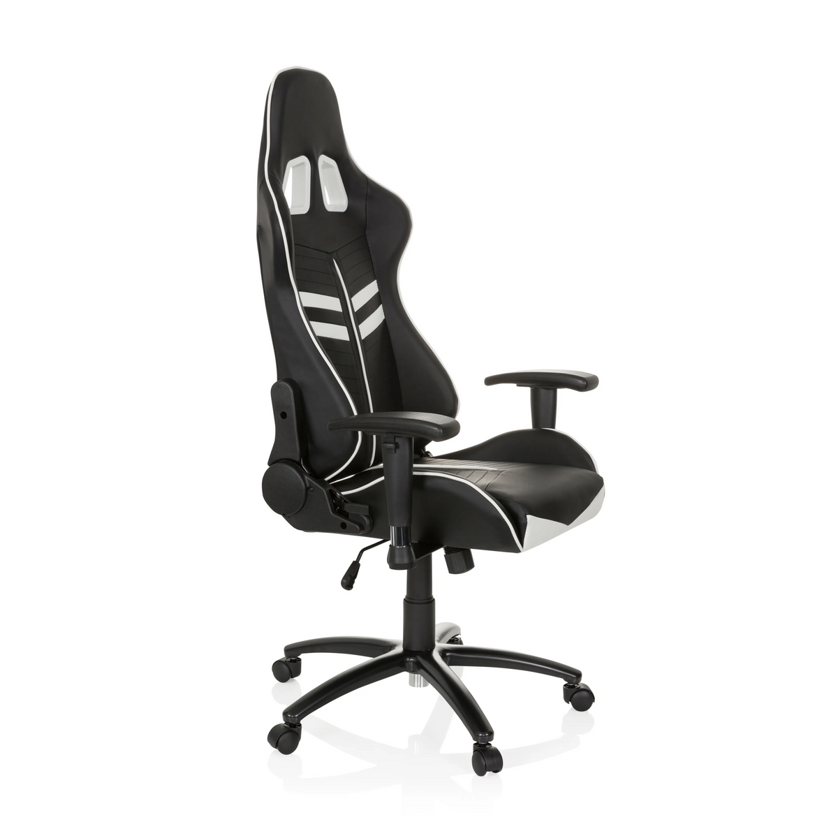 Schwarz-weißer Gamingstuhl LEAGUE PRO mit Kopfstütze und Fußkreuz mit fünf Rollen von hjh OFFICE – 360-Grad-Ansicht (schräge Frontansicht 60°)
