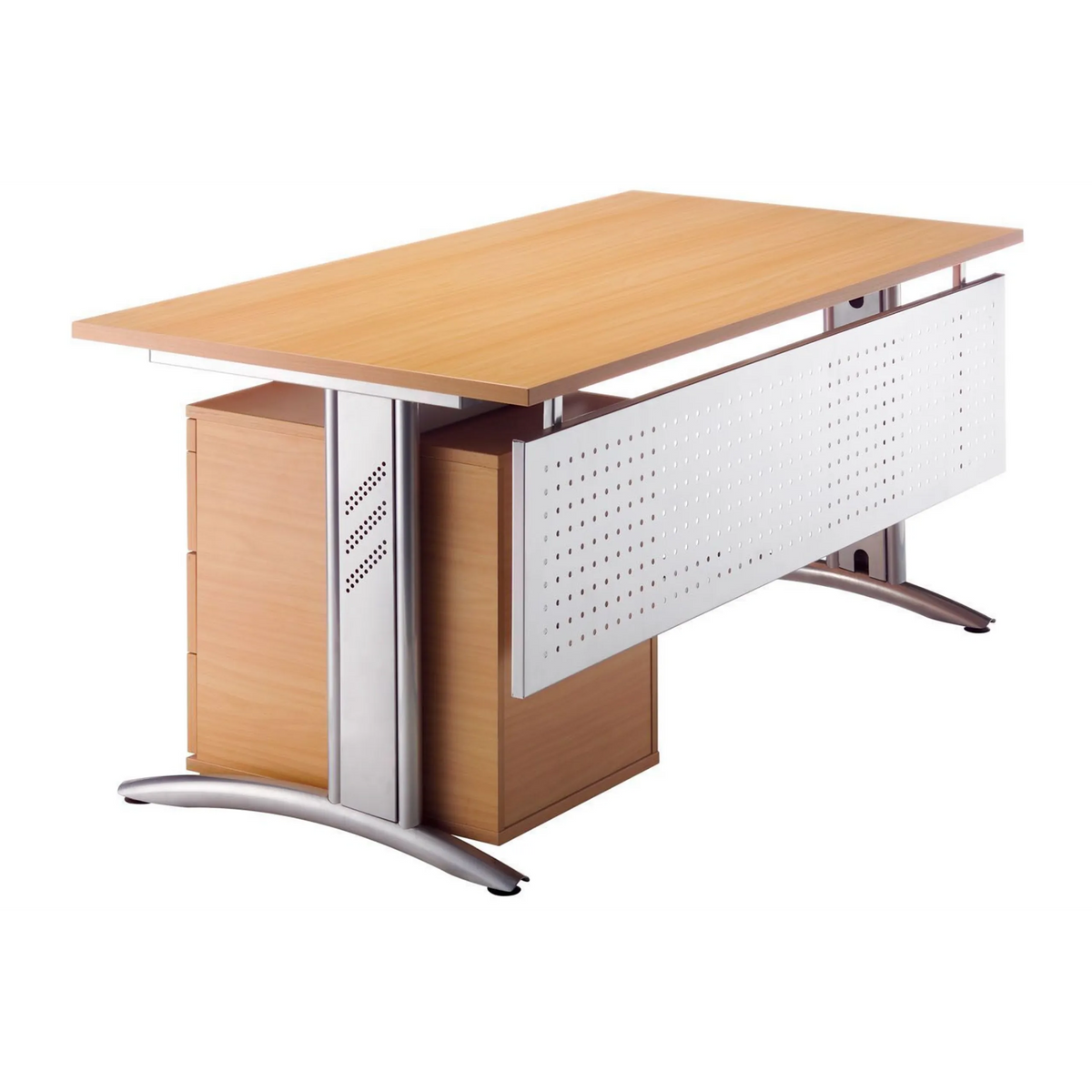 Silberne Sichtblende des Zubehörs SI S an einem Schreibtisch mit Holzoptik von hjh OFFICE PRO