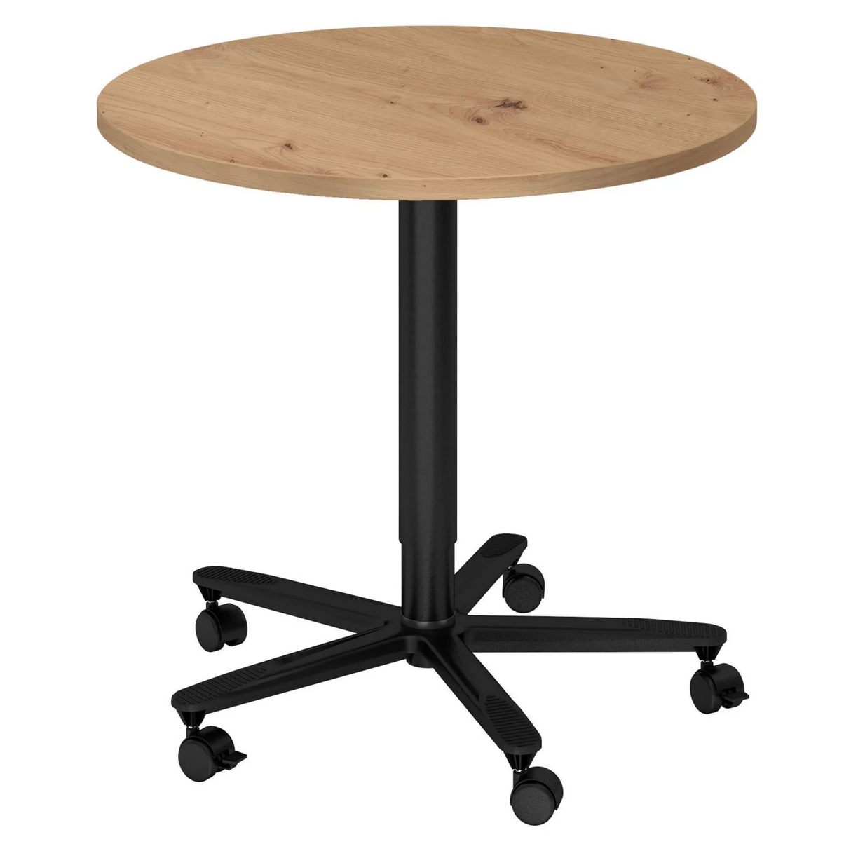 Runder System Konferenztisch BISTRO 80R D mit Tischplatte in Asteiche und schwarzem Fuß auf Rollen von hjh OFFICE PRO