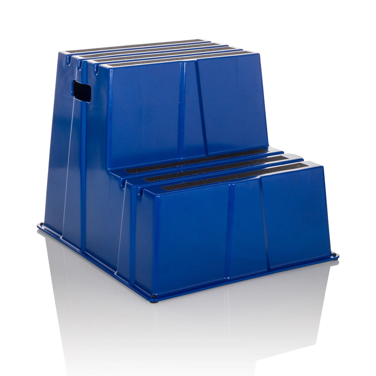 Blauer Tritthocker TIO-E2 mit zwei Stufen von hjh OFFICE – 360-Grad-Ansicht (schräge Frontansicht 30°)