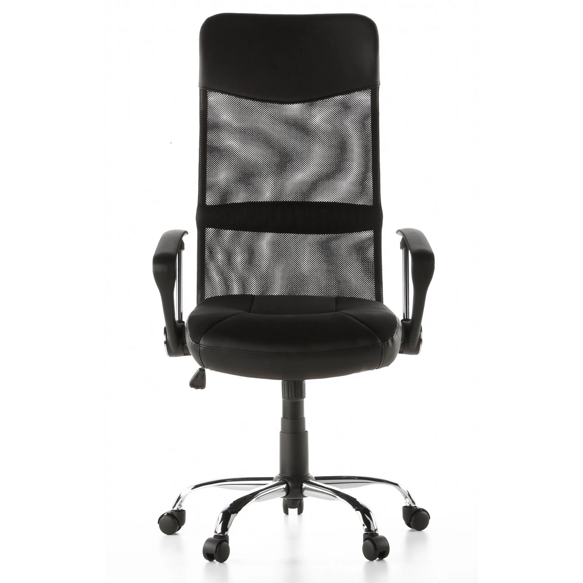 Schwarzer Homeoffice Chefsessel ARTON 20 mit Netzrücken und Fußkreuz mit fünf Rollen von hjh OFFICE – 360-Grad-Ansicht (Frontansicht 0°)