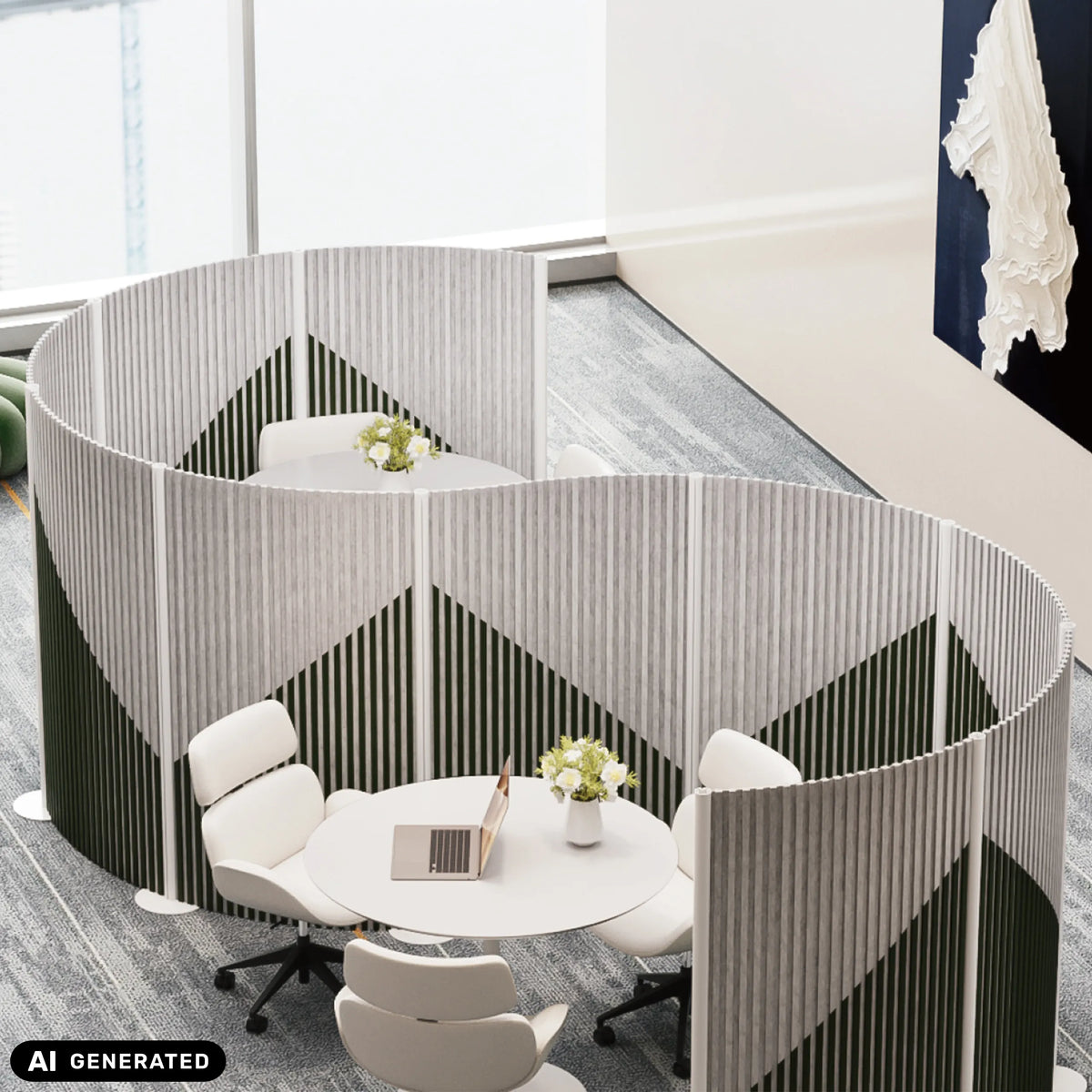 Graue Sicht- und Schallschutz-Trennwände Flexmiut Wave mit geometrischem Muster von hjh OFFICE (KI-generiertes Bild)