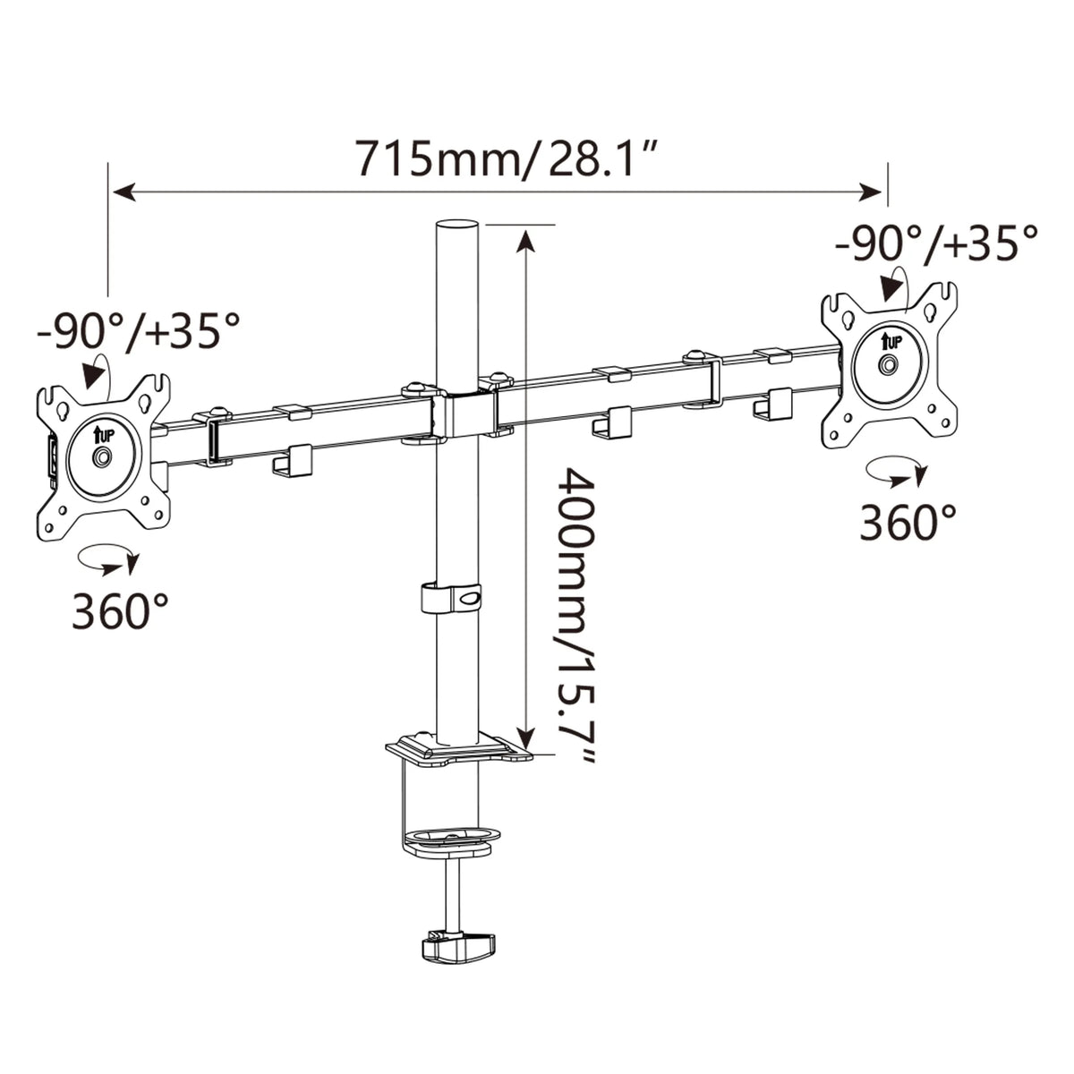 Technische Zeichnung der Monitorhalterung Ergomount M2 mit einer Breite von 715 mm von hjh OFFICE