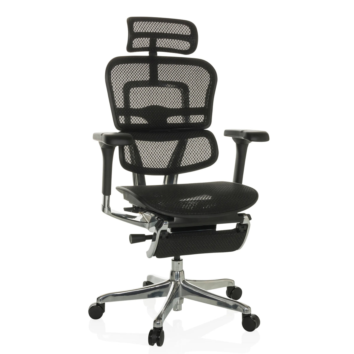 Schwarzer Luxus-Chefsessel ERGOHUMAN PLUS LEGPRO GEN2 mit Netzbespannung und Fußkreuz mit fünf Rollen von hjh OFFICE – 360-Grad-Ansicht (Frontansicht 15°)
