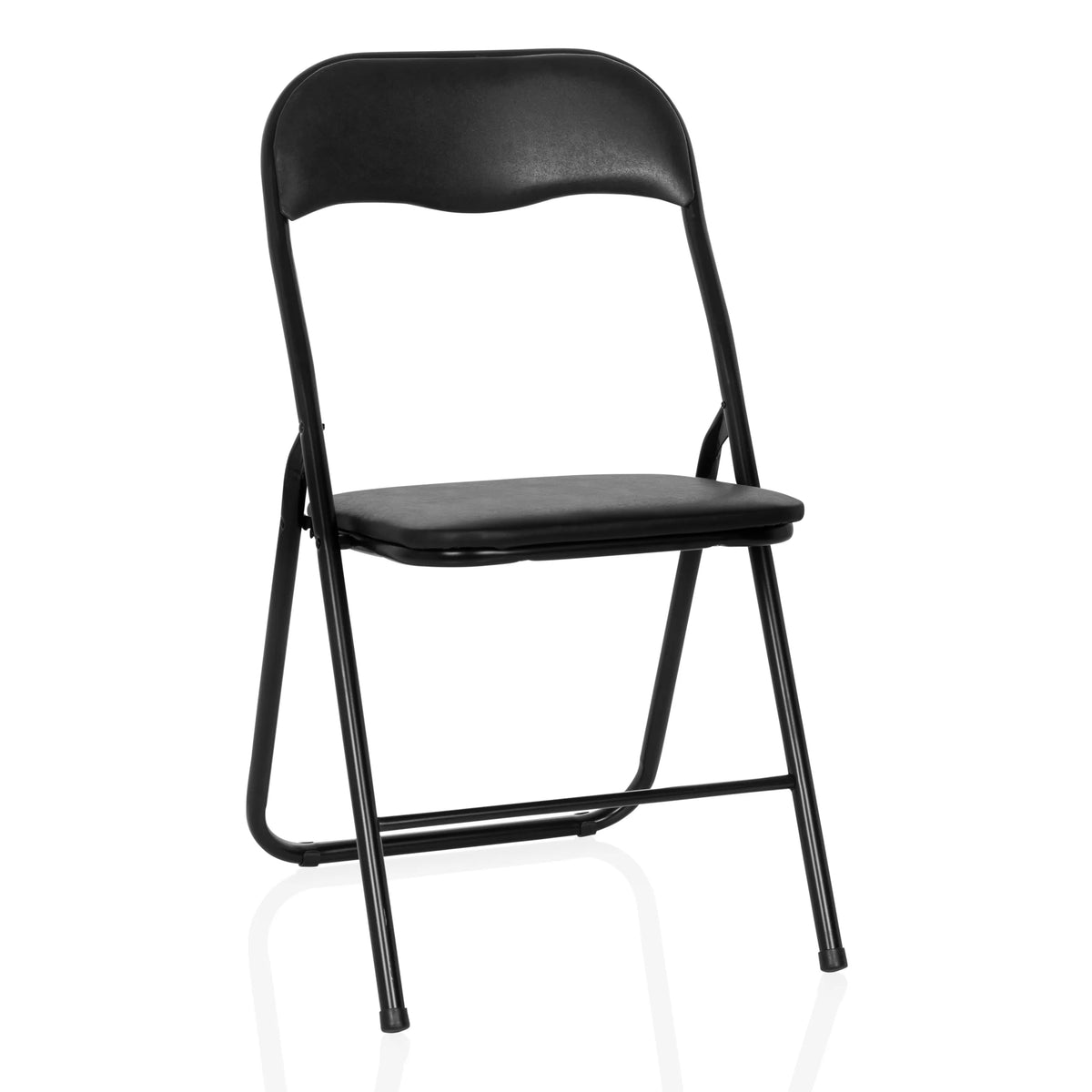 Schwarzer Klappstuhl TUDELA BASIC mit gepolsterter Sitzfläche und Rückenlehne aus PVC von hjh OFFICE – 360-Grad-Ansicht (Frontansicht 15°)
