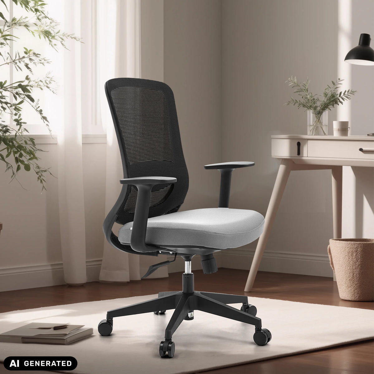 Homeoffice-Bürostuhl Sedito in Schwarz und Grau mit Netzrückenlehne und Rollen von hjh OFFICE (KI-generiertes Bild)