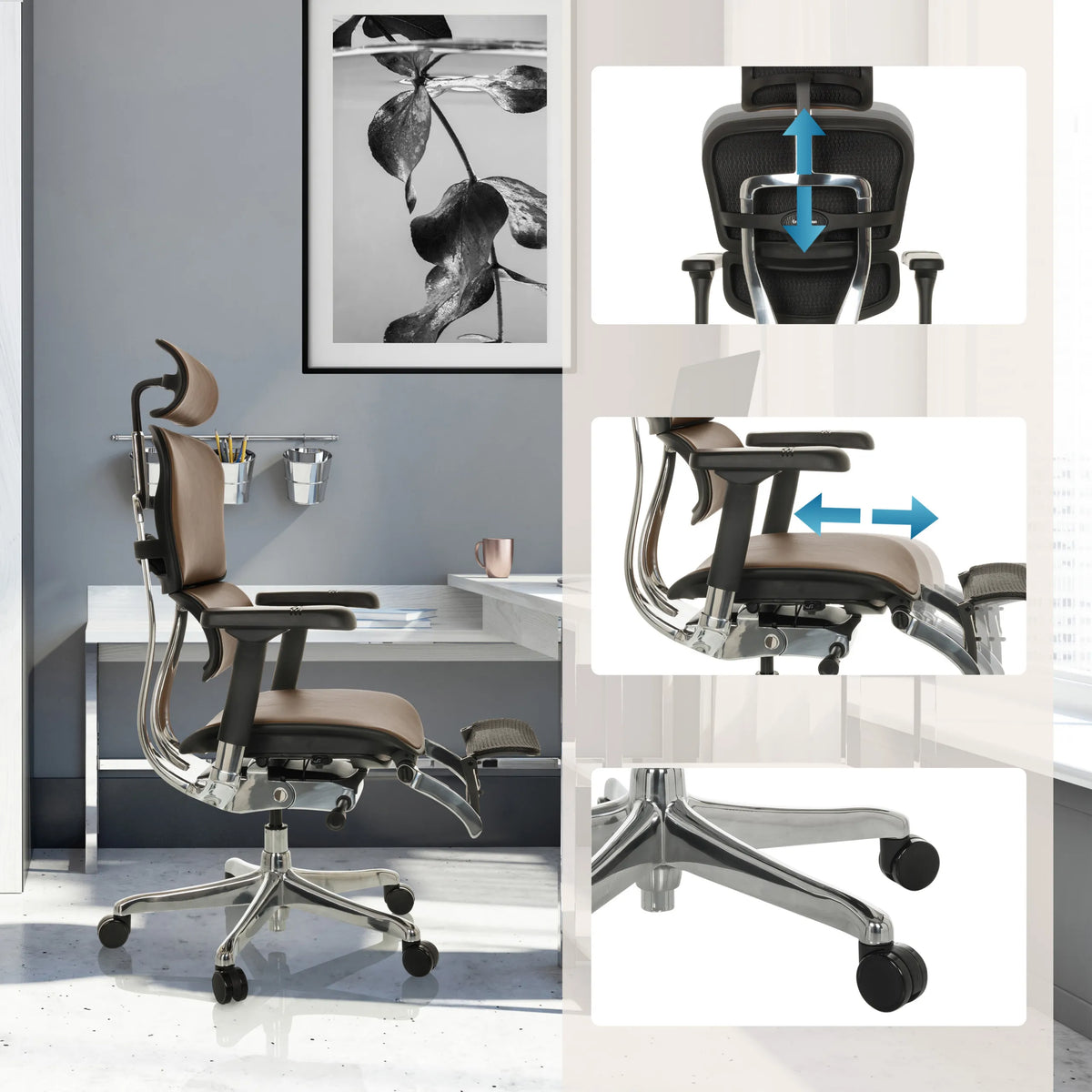 Verstellbare Kopfstütze und Armlehnen des Luxus-Chefsessel ERGOHUMAN PLUS LEGPRO GEN2 in Braun von hjh OFFICE