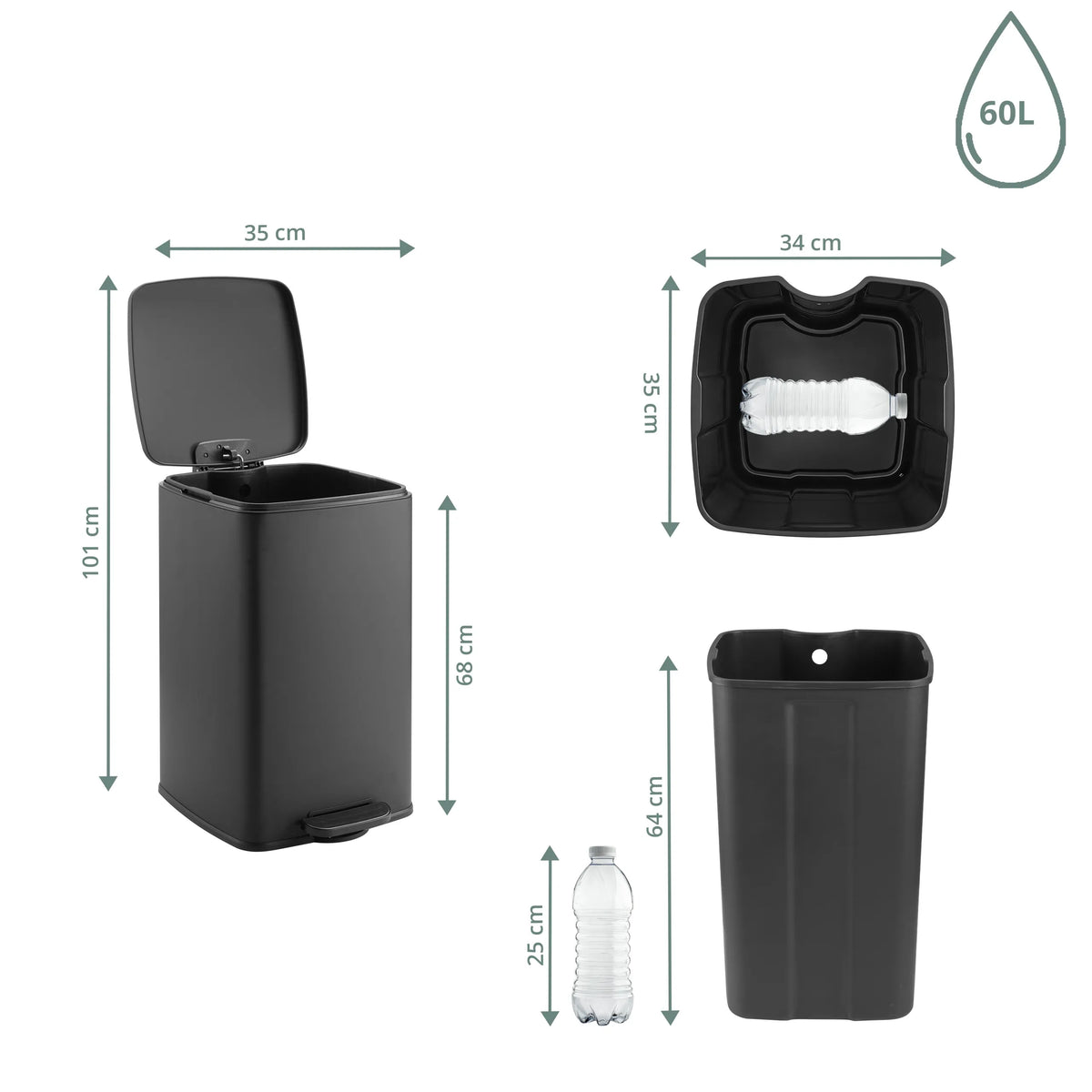 Maßzeichnung des Mülleimers Clean Step 4 mit 60 l Fassungsvermögen und einer Höhe von 101 cm von hjh OFFICE