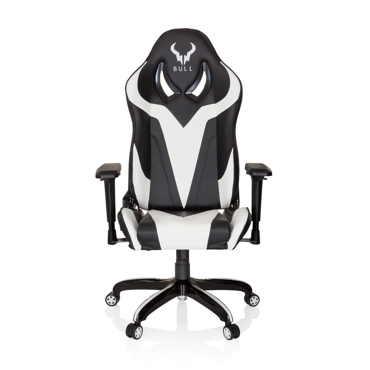 Schwarz-weißer Gamingstuhl PROMOTER I mit Armlehnen und Fußkreuz mit fünf Rollen von hjh OFFICE – 360-Grad-Ansicht (Frontansicht 0°)