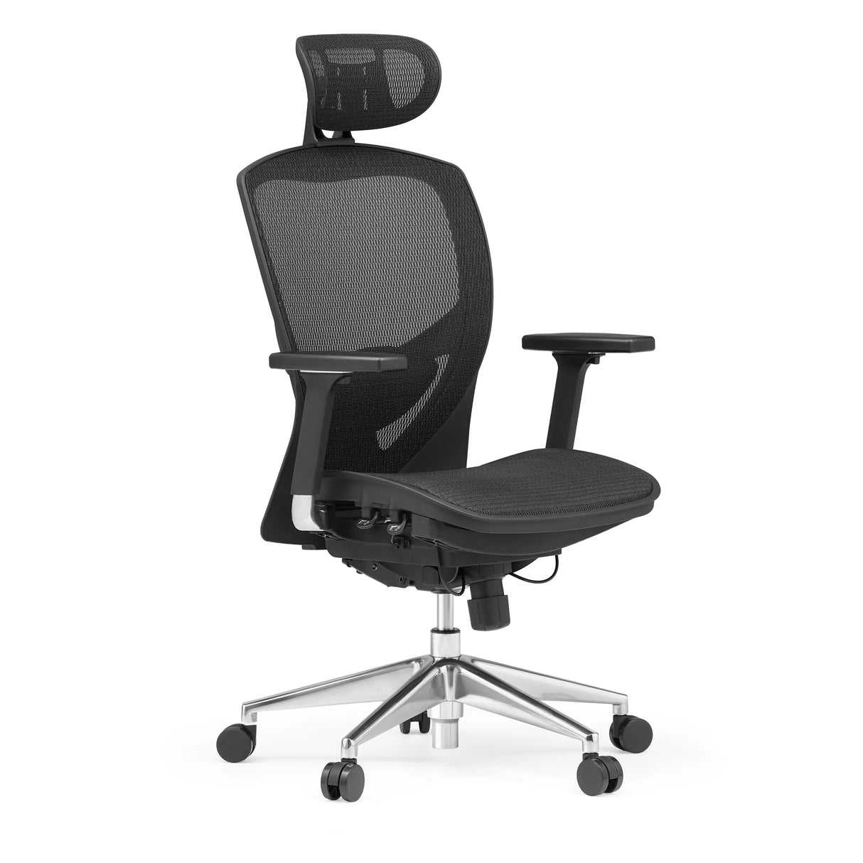 Schwarzer High-End-Bürostuhl VENUS ONE mit Netzrücken und Fußkreuz mit fünf Rollen von hjh OFFICE – 360-Grad-Ansicht (schräge Frontansicht 45°)