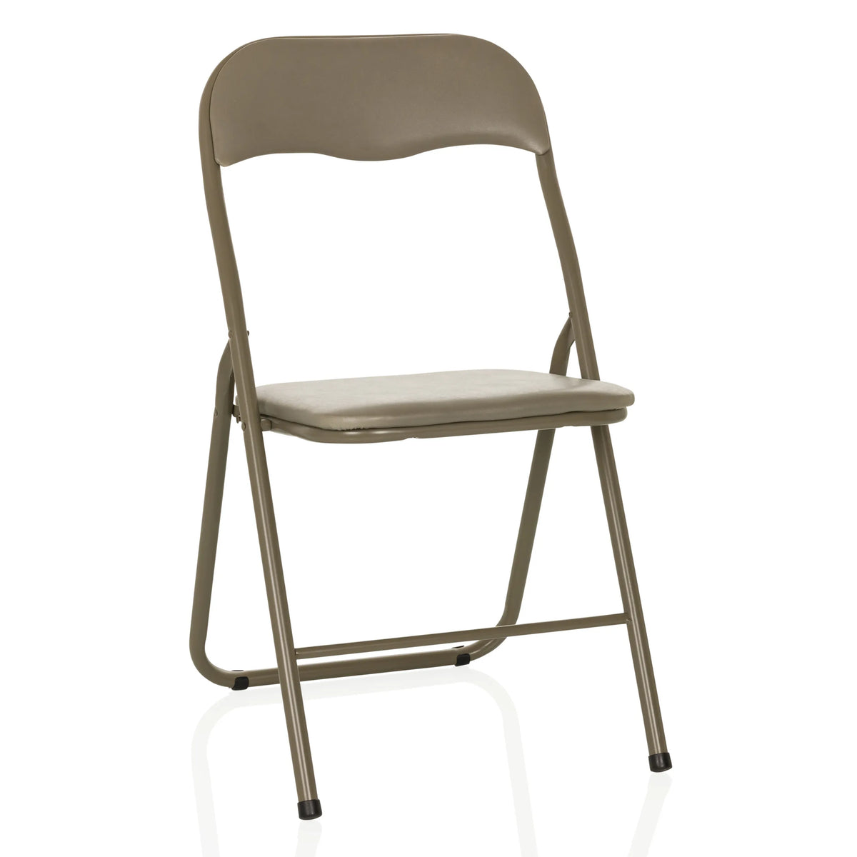 Taupefarbener Klappstuhl TUDELA BASIC mit Polsterung aus PVC von hjh OFFICE – 360-Grad-Ansicht (Frontansicht 15°)