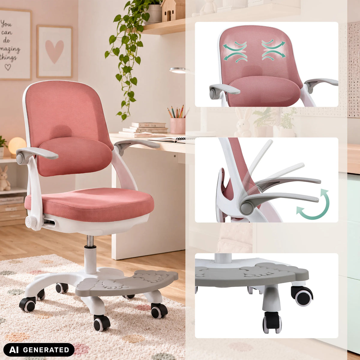 Rosa Kinderdrehstuhl Kiddy Smart Step mit Fußstütze und verstellbaren Armlehnen von hjh OFFICE (KI-generiertes Bild)