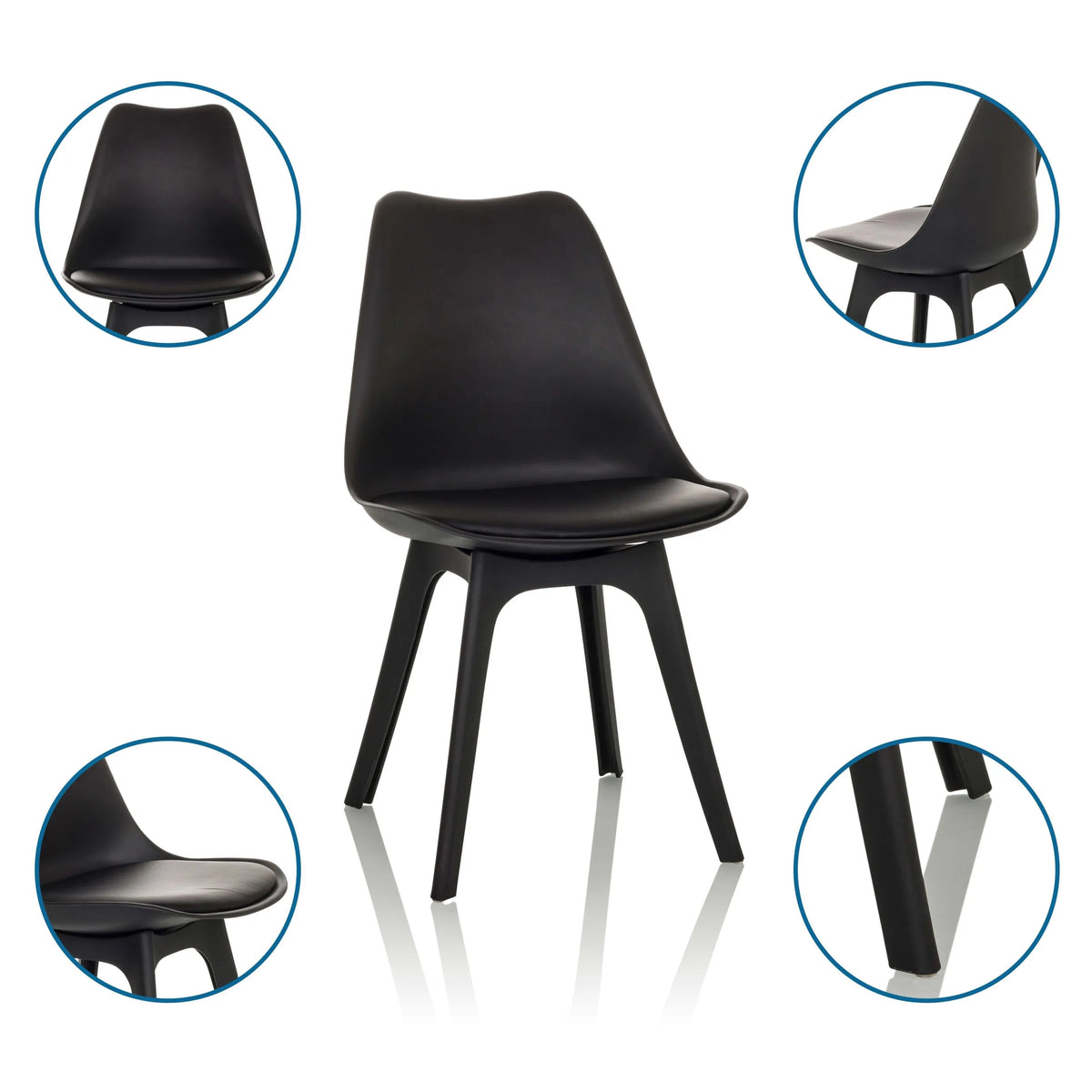 Schalenstuhl SCANDI P in Schwarz mit vier Beinen in verschiedenen Ansichten von hjh OFFICE