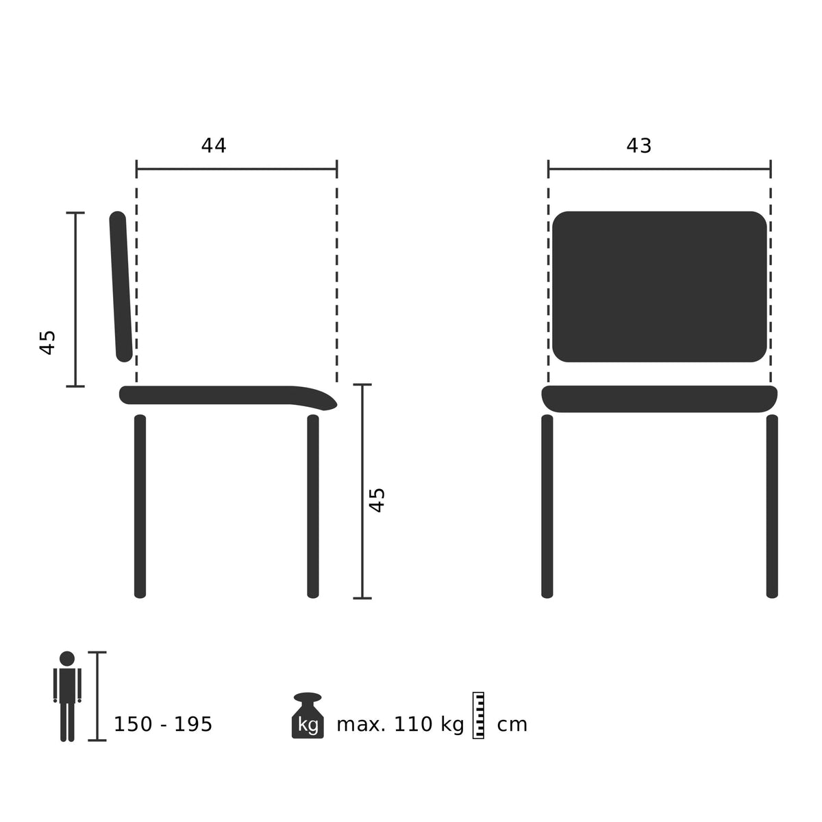 Technische Zeichnung des Besucherstuhls MEET B mit einer Sitzhöhe von 45 cm von hjh OFFICE