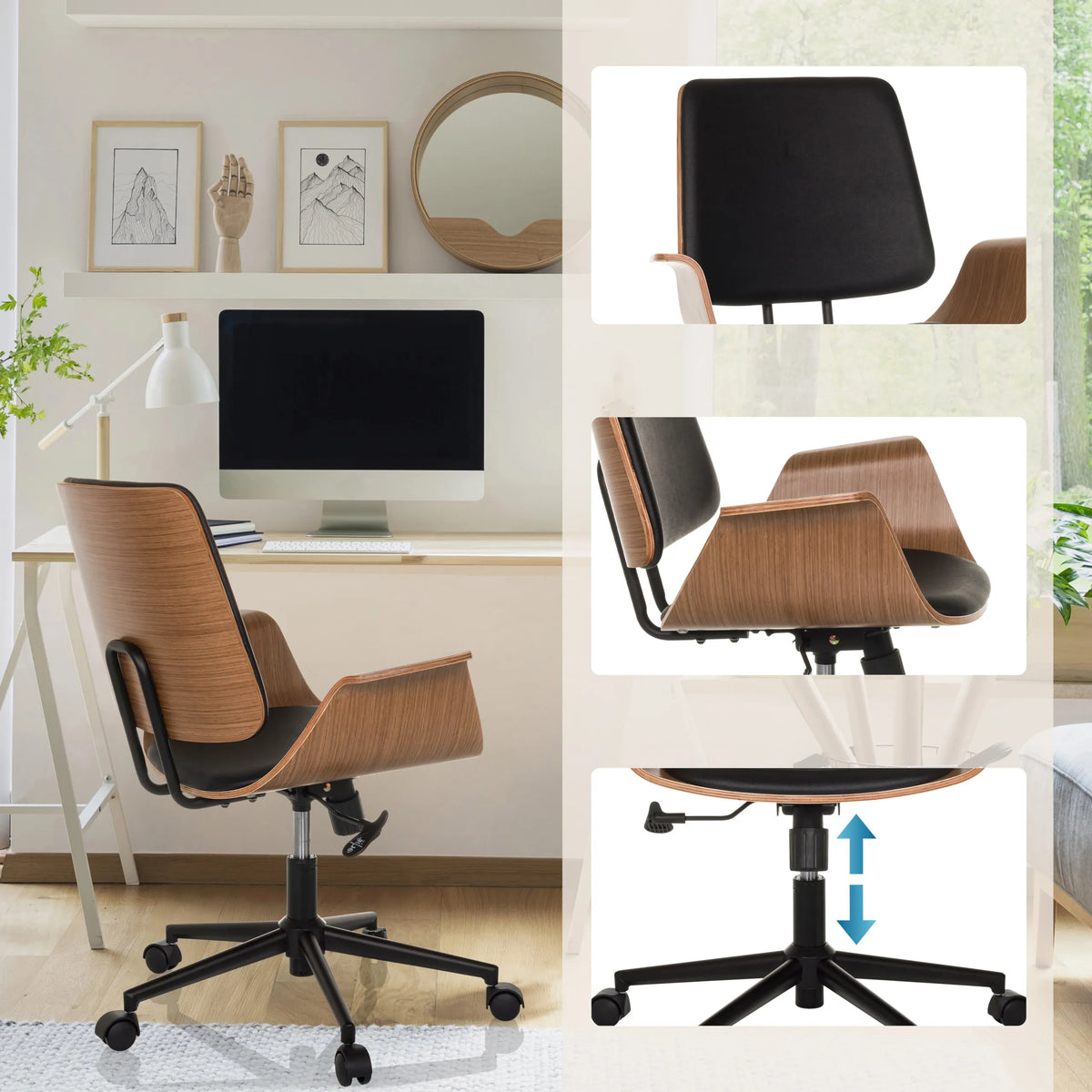 Homeoffice-Bürostuhl CENCA II mit Holzschale, schwarzem Polster und Gasfeder von hjh LIVING