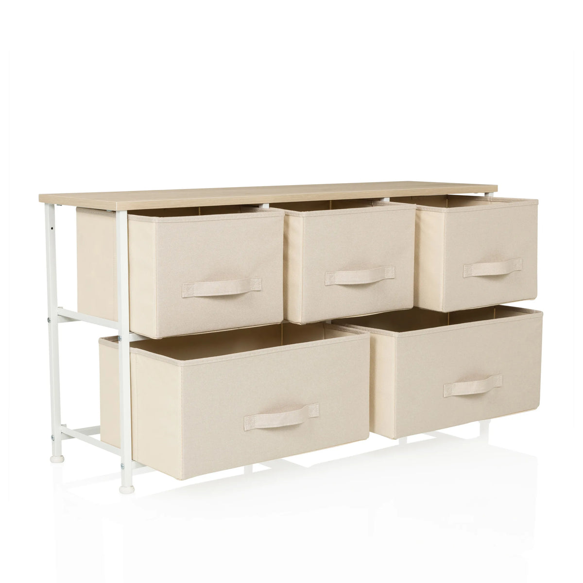 Beige Kommode FOLDAR mit fünf Stoffschubladen und weißem Metallgestell von hjh LIVING