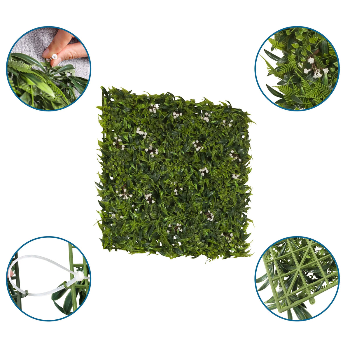 Grüne Pflanzenmatte MORE GREEN I mit Detailansichten der Befestigung und des Kunststoffgitters von hjh OFFICE