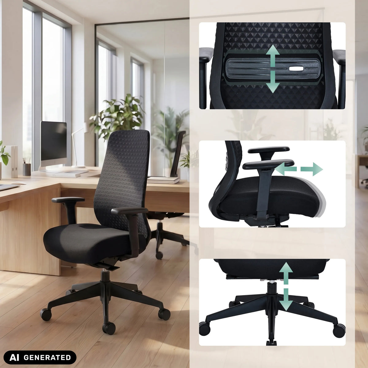 Höhenverstellbare Funktionen des Profi-Bürostuhls Verviq in Schwarz von hjh OFFICE (KI-generiertes Bild)