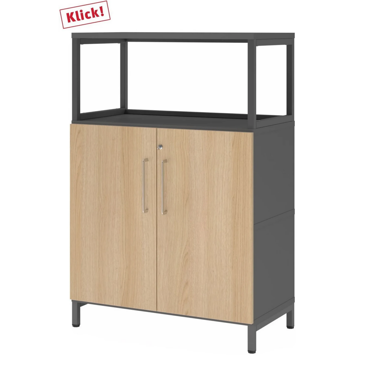 Schrank FlexWall in Graphit und Eiche mit zwei Türen, offenem Aufsatzrahmen und Sockelgestell von hjh OFFICE PRO