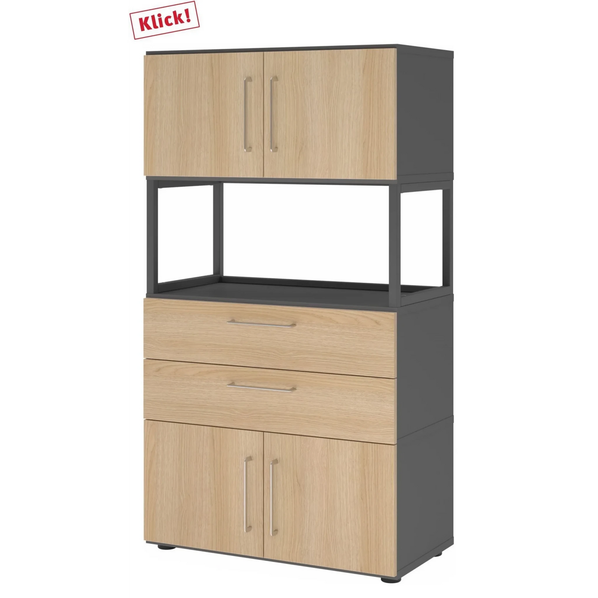 Aktenschrank FlexWall in Graphit und Eiche mit zwei Türen, zwei Schubladen und offenem Regal von hjh OFFICE PRO