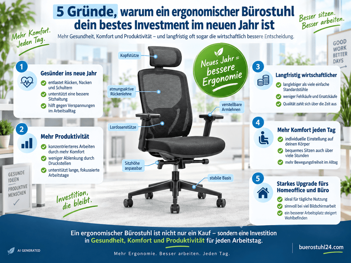 5 Gründe, warum ein ergonomischer Bürostuhl dein bestes Investment im neuen Jahr ist. - buerostuhl24