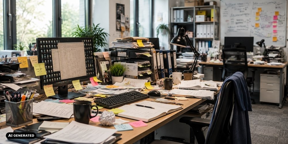 Ein Bild eines extrem unordentlichen Schreibtisches.