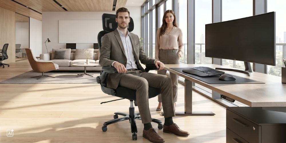 ein großer Mann sitzt auf einem xxl Bürostuhl und daneben steht eine kleinere Frau