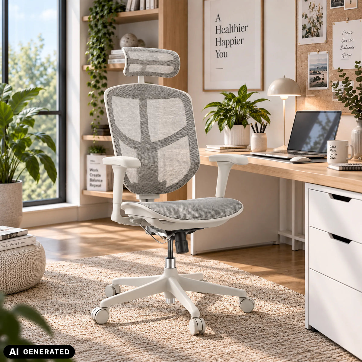 Grauer Bürostuhl Enjoy Eco MB mit Netzrücken und Kopfstütze in einem Homeoffice von hjh OFFICE (KI-generiertes Bild)