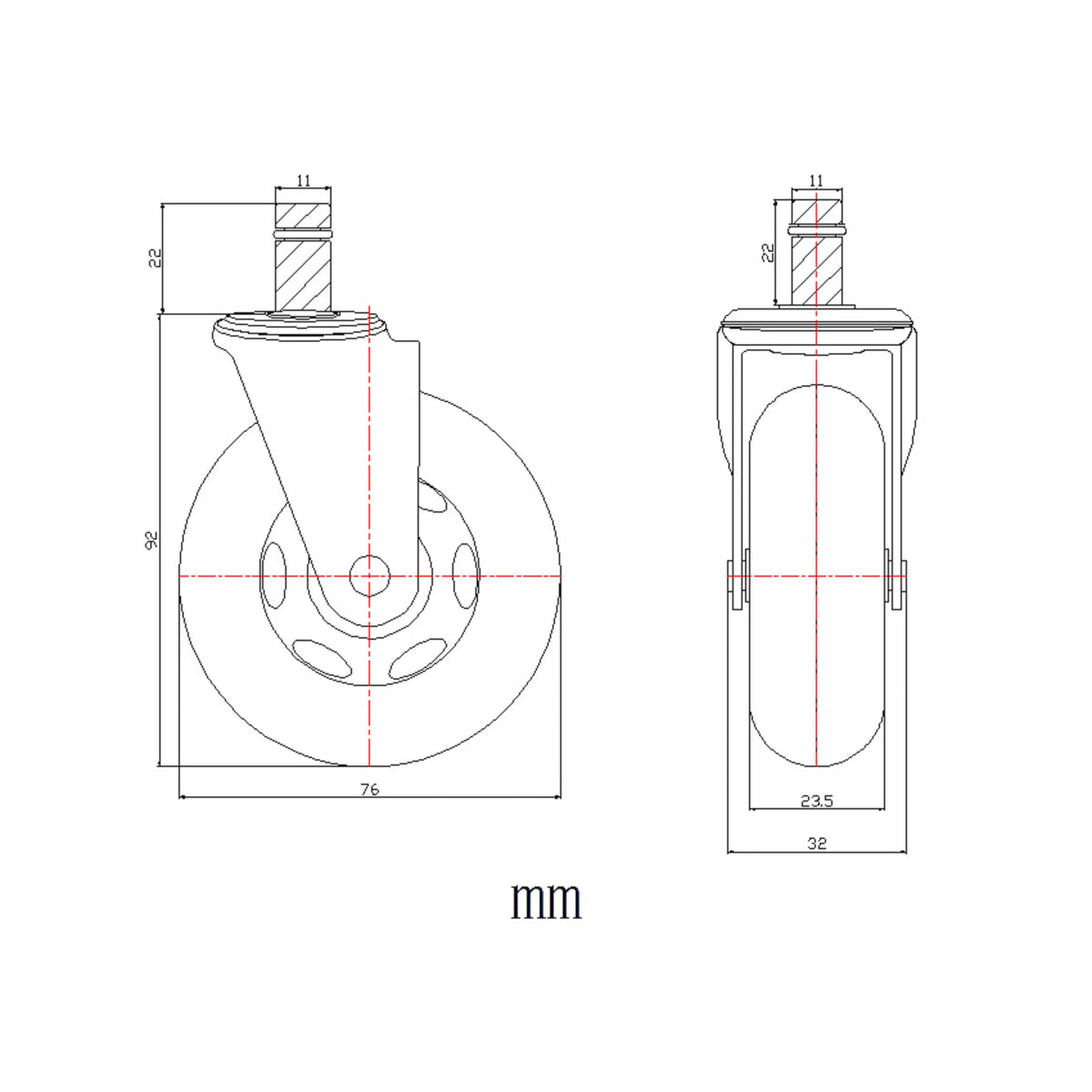 Technische Zeichnung der Stuhlrolle 5x ROLO SKATE ST 11mm/75mm mit einem Durchmesser von 76 mm von hjh OFFICE