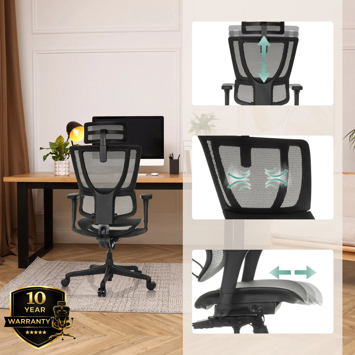 Verstellbare Kopfstütze und Lendenwirbelstütze des Luxus-Chefsessels ERGOHUMAN SLIM ECO M GEN2 in Schwarz von hjh OFFICE