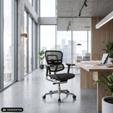 Luxus-Chefsessel ERGOHUMAN BASE GEN2 mit schwarzem Netzgewebe in einem Büro von hjh OFFICE (KI-generiertes Bild)