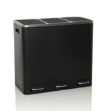 Schwarzer Mülleimer Clean 9 mit drei Fächern, silbernen Deckeln und Trittpedalen von hjh OFFICE – 360-Grad-Ansicht (Frontansicht 15°)