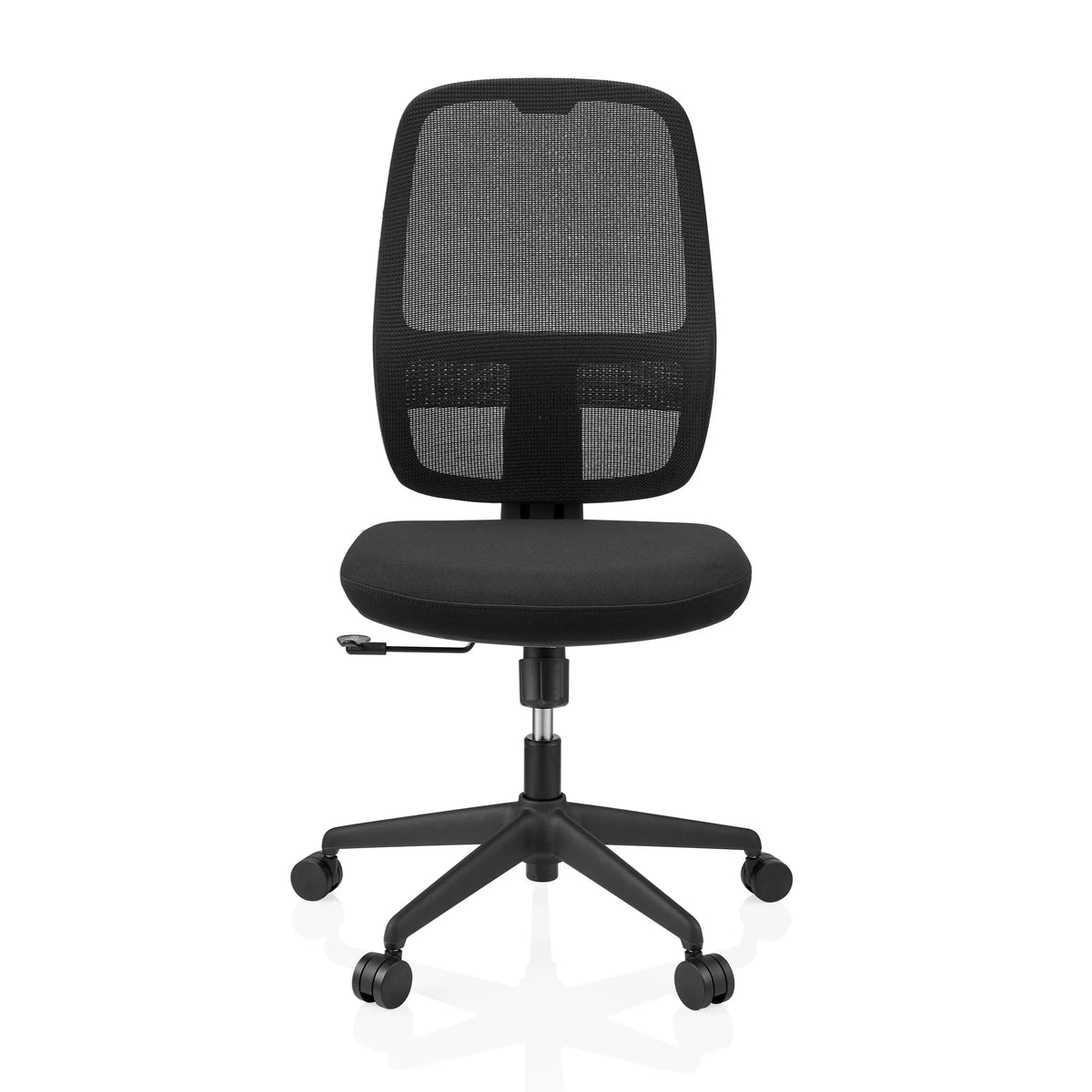 Schwarzer Profi-Bürostuhl Minoro B mit Netzrücken und Fußkreuz mit fünf Rollen von hjh OFFICE – 360-Grad-Ansicht (Frontansicht 0°)