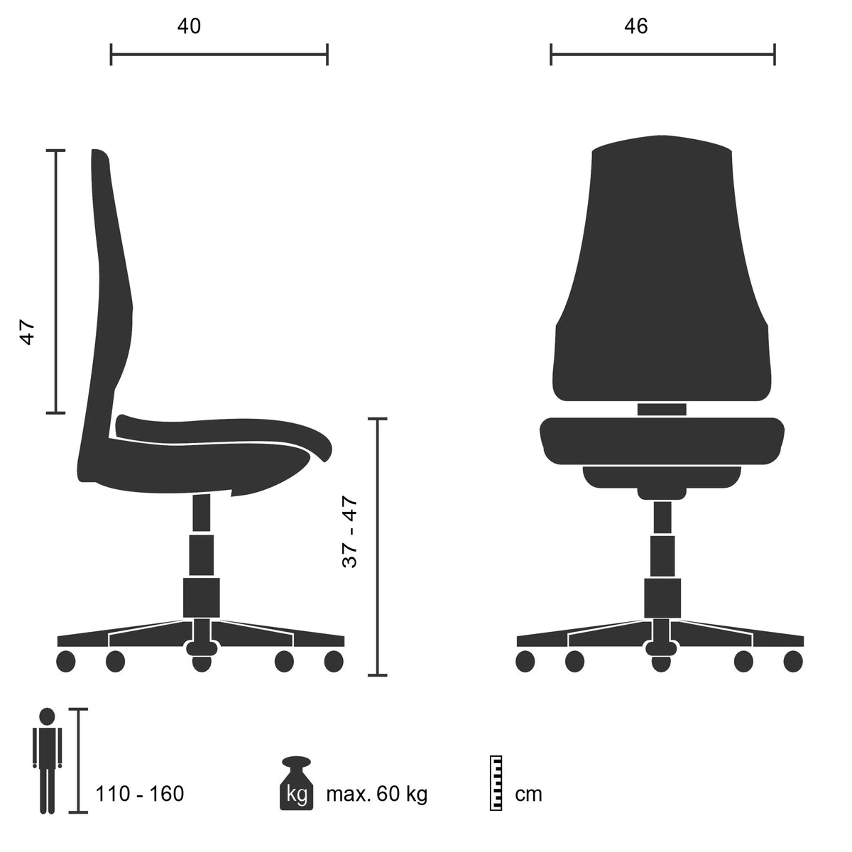 Technische Zeichnung des Kinderdrehstuhls KIDDY BASE mit einer Breite von 46 cm von hjh OFFICE