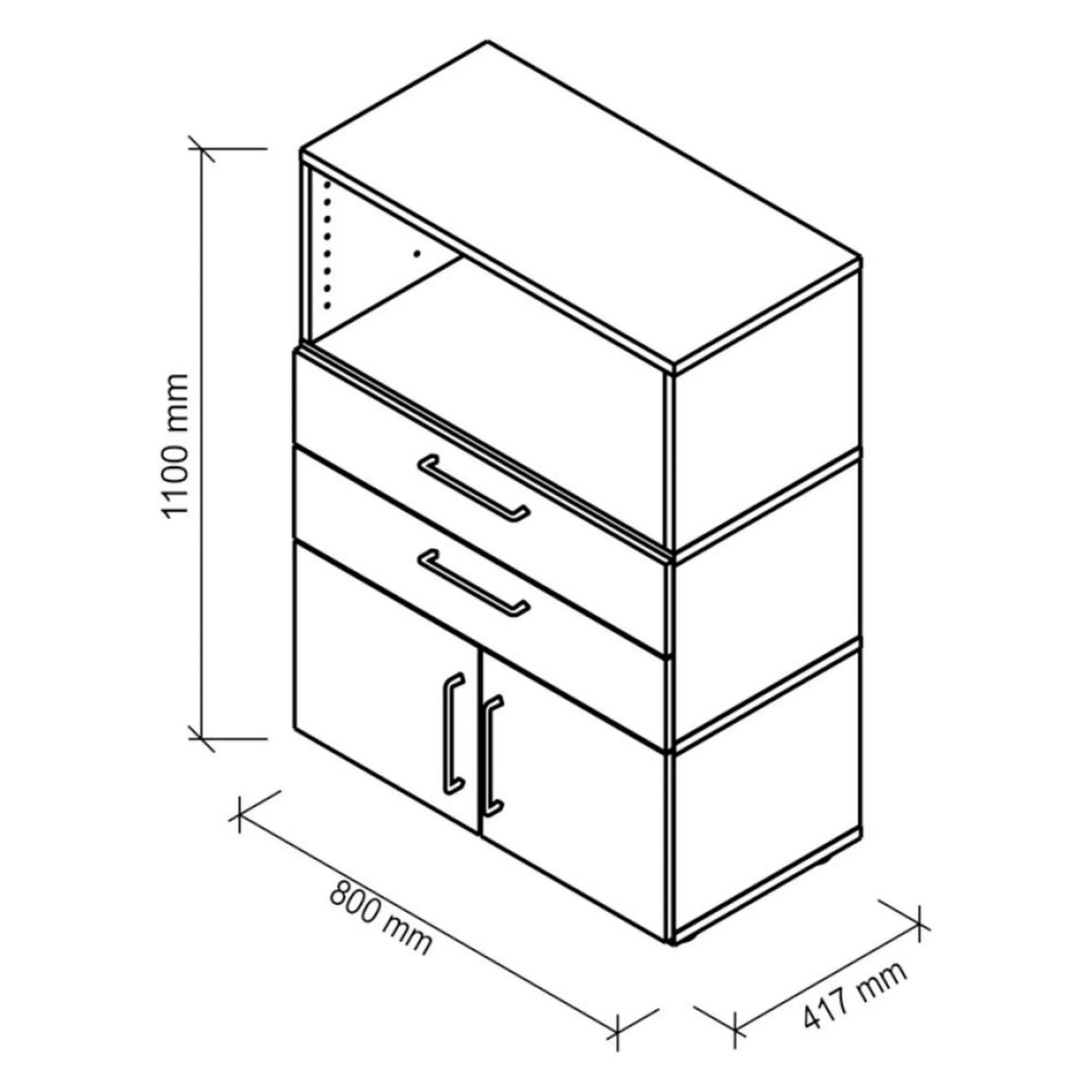 Technische Zeichnung des Sideboards FlexWall mit 1100 × 800 mm von hjh OFFICE PRO