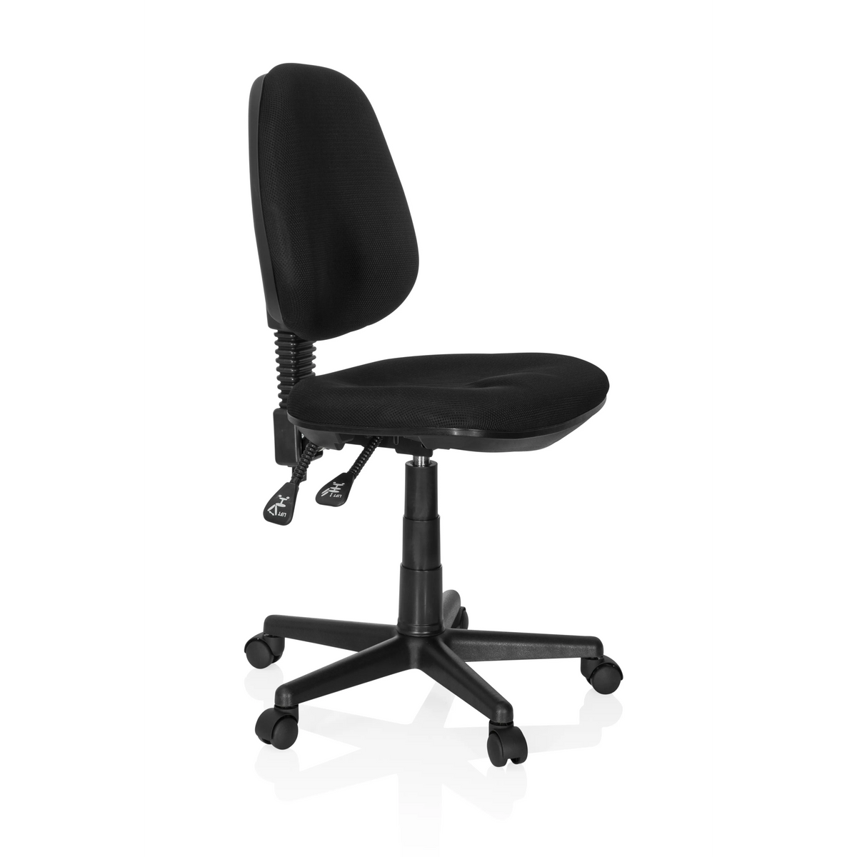 Schwarzer Homeoffice-Bürostuhl CITY 25 mit Netzrücken und Fußkreuz mit fünf Rollen von hjh OFFICE – 360-Grad-Ansicht (schräge Frontansicht 60°)
