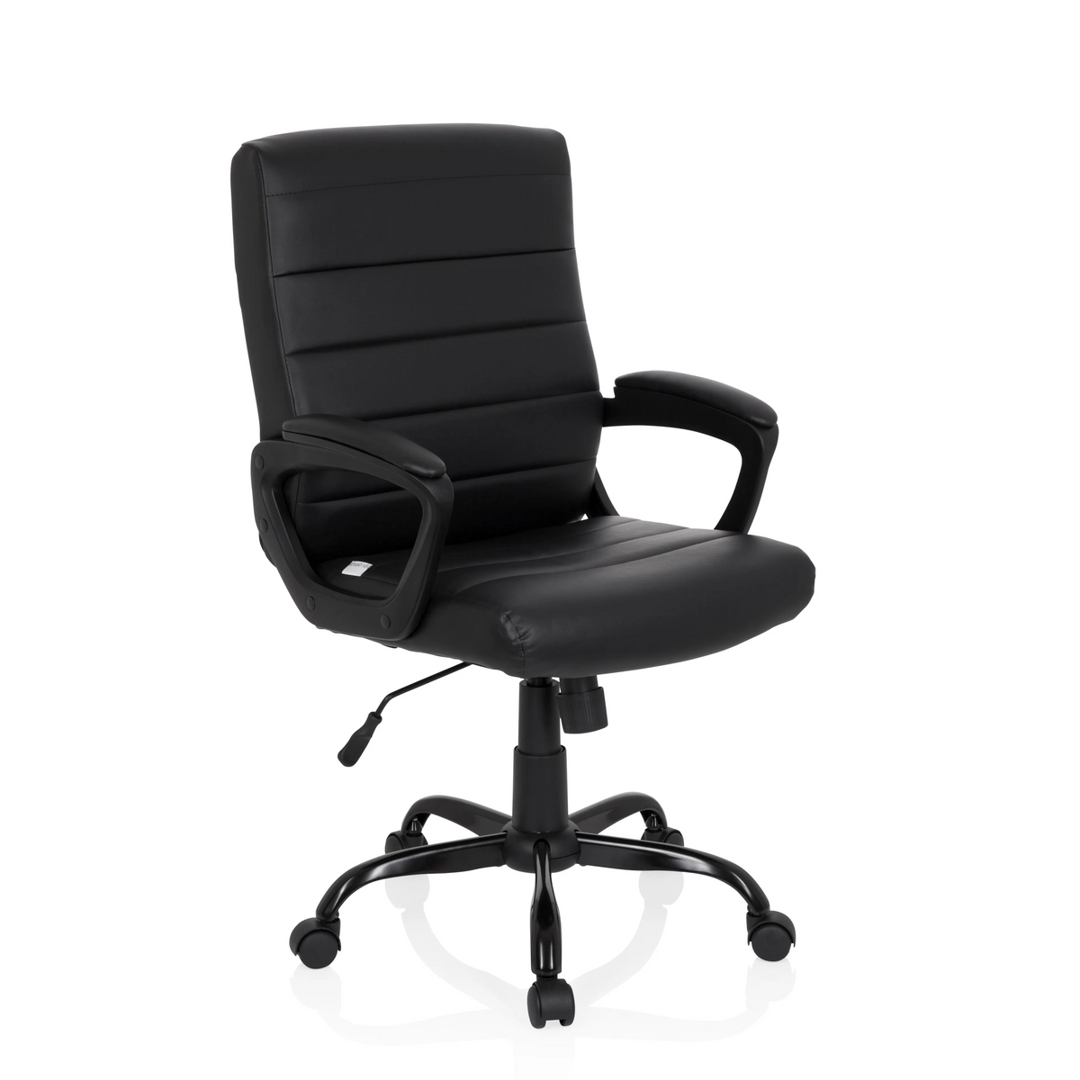 Schwarzer Homeoffice Chefsessel ERGOSMOOTH BIG mit gesteppter Polsterung und Fußkreuz mit fünf Rollen von hjh OFFICE – 360-Grad-Ansicht (schräge Frontansicht 40°)