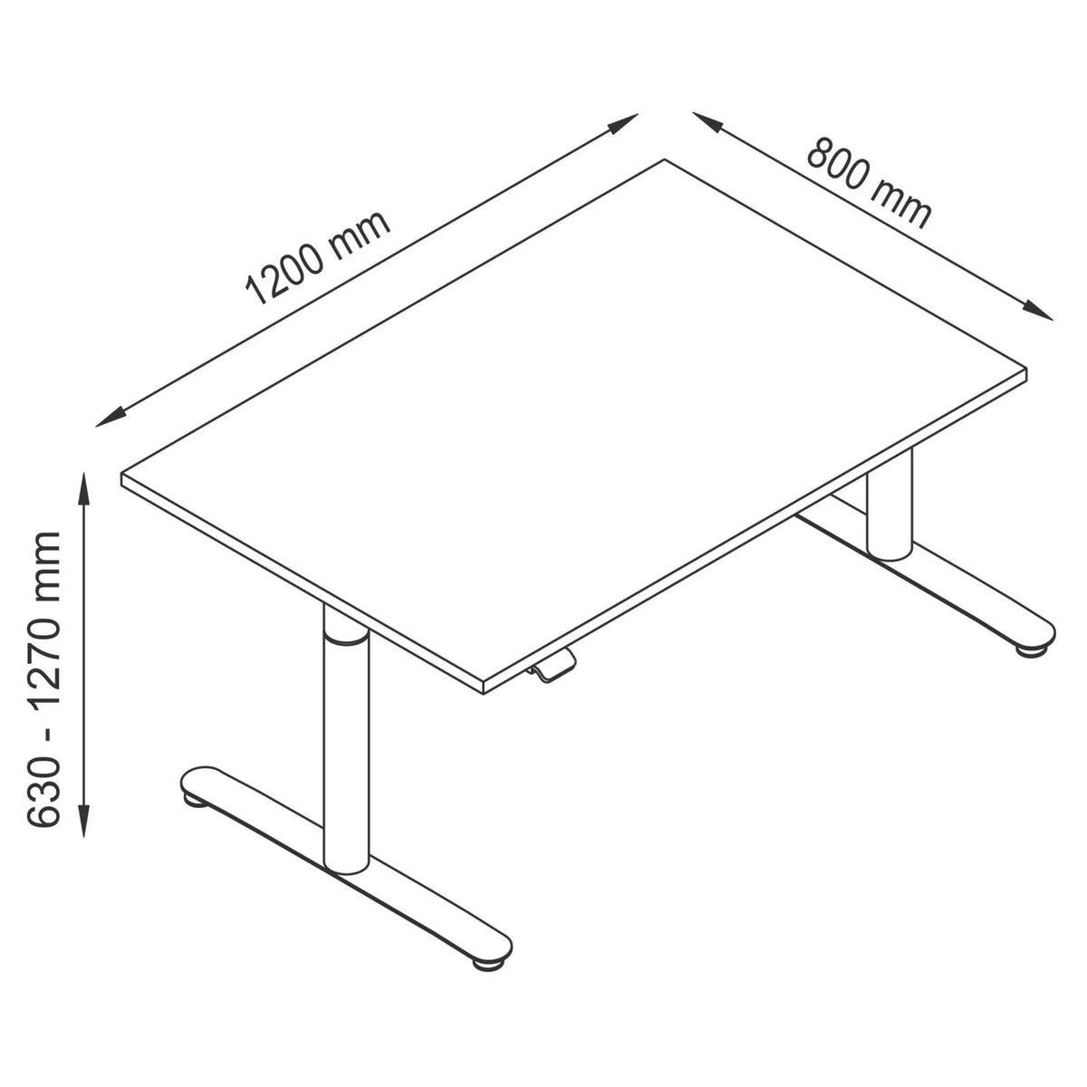 Technische Zeichnung des Schreibtischs XDLR 12 G mit 1200 × 800 mm von hjh OFFICE PRO