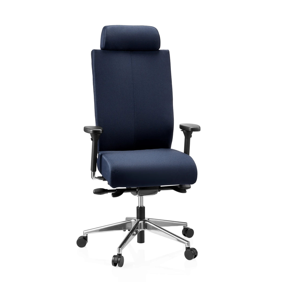 Blauer Profi-Bürostuhl PRO-TEC XXL mit Kopfstütze und Fußkreuz mit fünf Rollen von hjh OFFICE – 360-Grad-Ansicht (Frontansicht 15°)