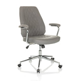 Grauer Home-Office-Chefsessel THEO I mit gesteppter Rückenlehne und Fußkreuz mit fünf Rollen von hjh OFFICE – 360-Grad-Ansicht (schräge Frontansicht 30°)