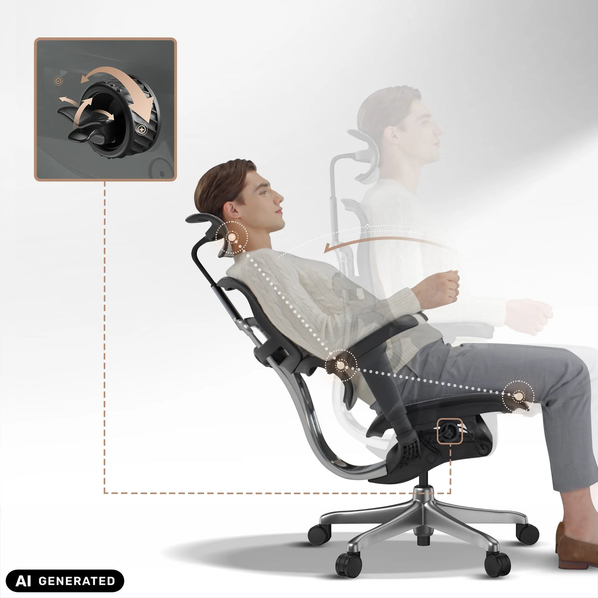 Verstellmechanismus und Neigungsfunktion des Luxus-Chefsessels ERGOHUMAN SIGNATURE GEN2 von hjh OFFICE (KI-generiertes Bild)