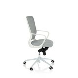 Grauer Homeoffice-Bürostuhl ESTRIA mit Netzrücken und Fußkreuz mit fünf Rollen von hjh OFFICE – 360-Grad-Ansicht (Seitenprofil 80°)