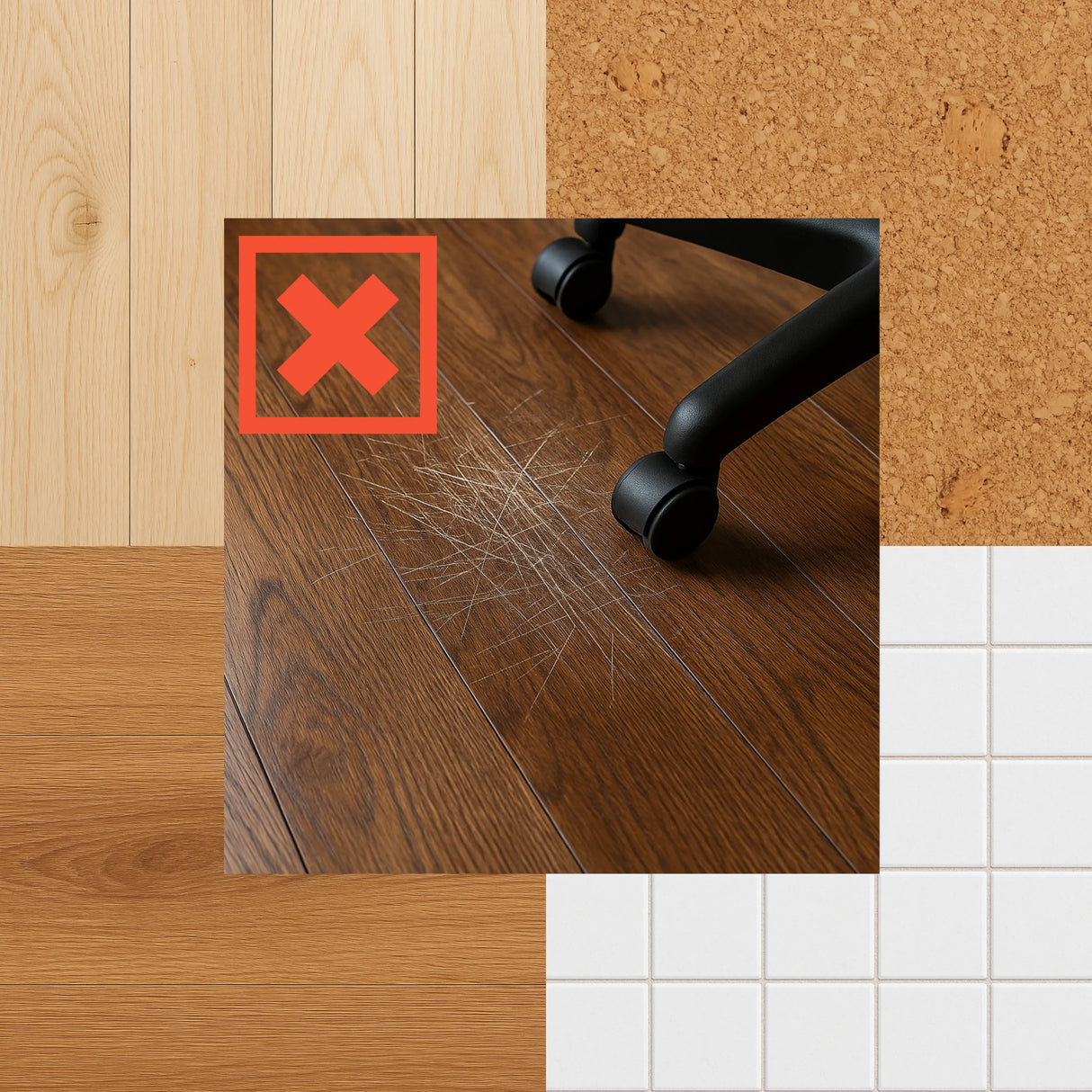 Kratzer auf einem Holzfußboden durch Rollen einer Bodenschutzmatte ULTIMAT II von Floortex