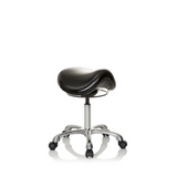Schwarzer Sattelhocker ORTHO SIT mit Fußkreuz und fünf Rollen von hjh OFFICE – 360-Grad-Ansicht (schräge Frontansicht 40°)